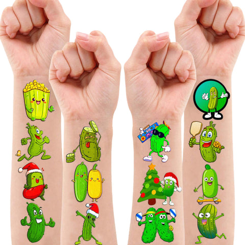 Funny Pickle Temporary Tattoos Stickers Themed Birthday Party Decorations Supplies Favors Decor 96PCS Cool Green Pickles Cucumber Fruits Tattoo Gifts For Kids Adults Boys Girls School Prizes Carnival