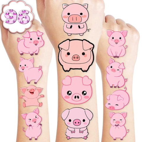 100 PCS Pig Piggy Themed Birthday Party Supplies Decorations Favors Decor Cute Pink Little Pig Piglet Farm Animal Temporary Tattoos Stickers for Boys Girls Cute Gifts School Prizes Rewards