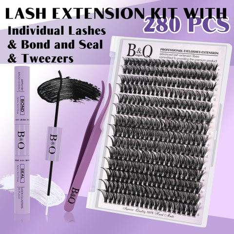 B&Q Lash Extension Kit for Beginners 280pcs Eyelash Extension Kit 40D 9-16 Mixed Lash Clusters Kit D Curl Lash Kit with Lash Bond and Seal Individual Lashes Kit DIY (KIT,40D-D-9-16MIX)