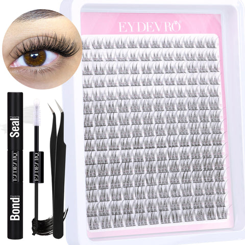 EYDEVRO Natural Lash Extension Kit 180 Pcs Wispy Lash Clusters Kit CC Curl Eyelash Extension Kit with Lash Bond and Seal and Tweezers 9-11MM Mixed Length DIY Lash Extensions Individual Lashes Kit