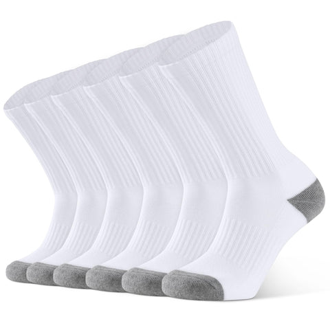 Closemate 6 Pairs Men's Cushion Crew Calf Socks Wicking Athletic Cotton Socks for Sport Training Work (6White, 10-13(L))