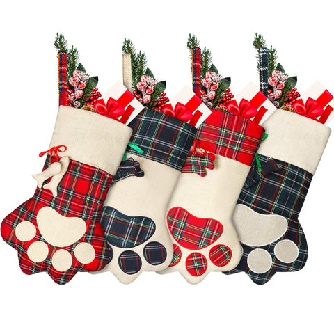 Skylety 4 Pieces 16 Inch Pet Christmas Stockings Plaid Paw Stockings Buffalo Check Xmas Fireplace Hanging Stockings for Christmas Decorations