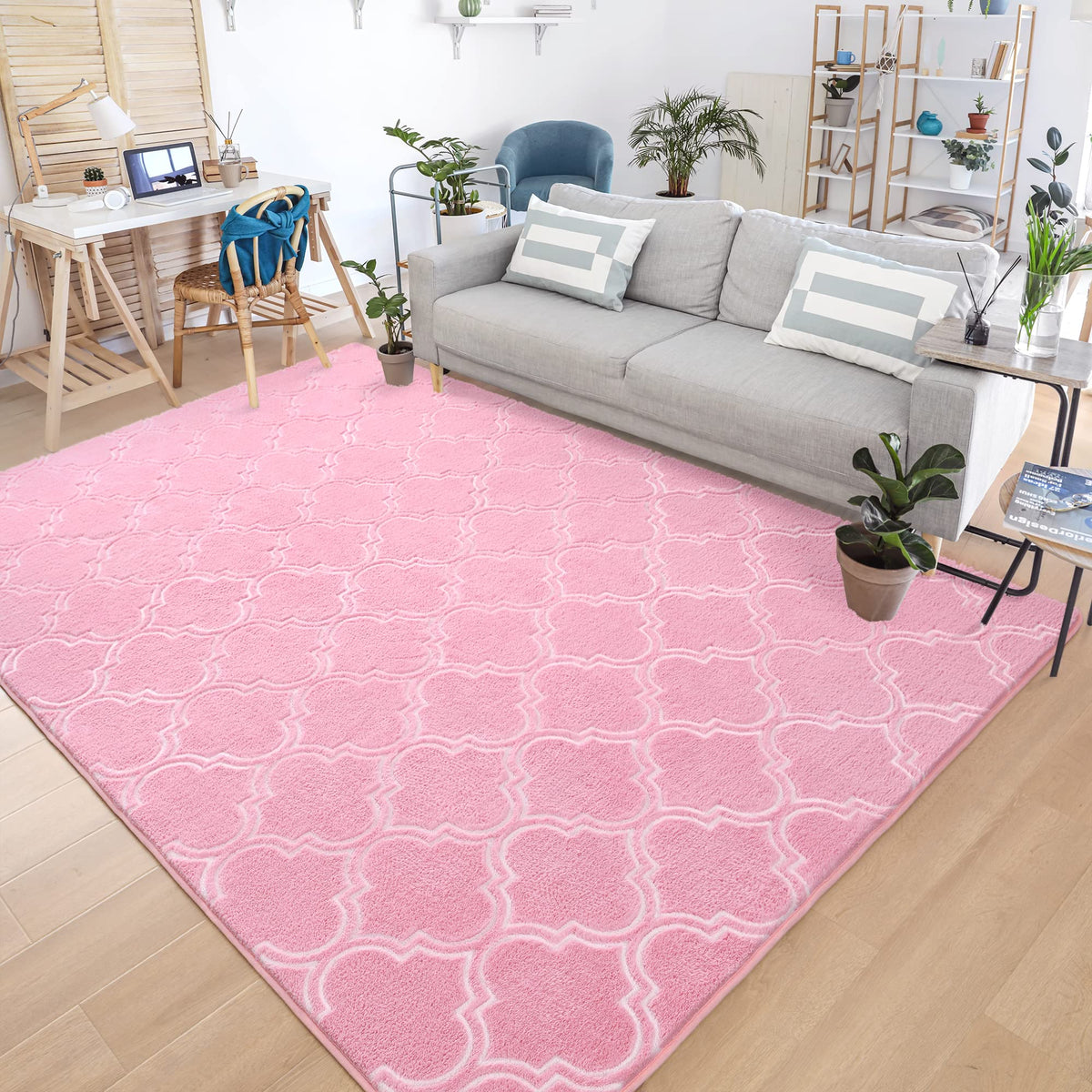 Chicrug Shag Geometric Modern Area Rug for Bedroom, 6x9 Feet Memory Foam Indoor Carpet, Fluffy Rug for Living Room Bedside Room Decor for Family Girls Kids Nursery Play Mat, Pink/White