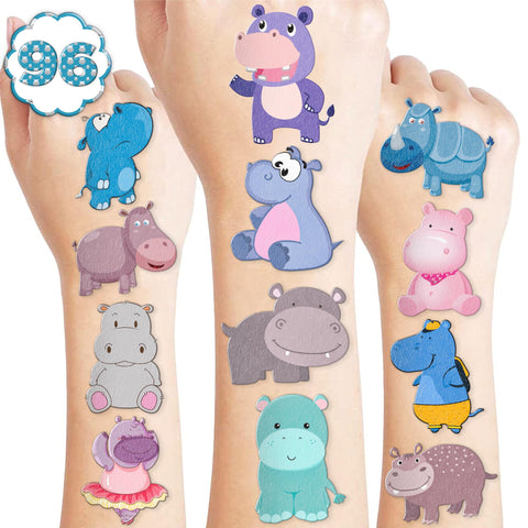 101PCS Little Hippo Hippopotamus Tattoos Temporary Stickers Theme Birthday Party Favors Decorations Supplies Decor Cute Funny Jungle Animals Tattoo Gifts For Kids Boys Girls School Prizes Carnival