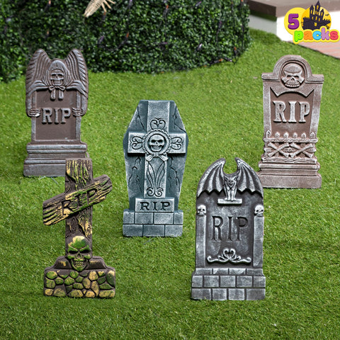 JOYIN 17” Halloween Foam Graveyard Tombstones (5 Pack), Yard Sign Headstone Decorations and 10 Bonus Metal Stakes for Halloween Yard Decorations RIP Tombstones