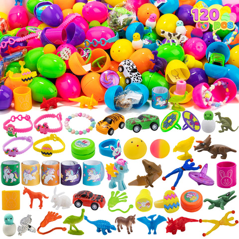 JOYIN 120 Pcs Prefilled Easter Eggs with Novelty Toys and Plus Stickers Inside, Plastic Easter Eggs Fillers, Easter Basket Stuffers Egg Hunt Supplies, Easter Theme Party Favor