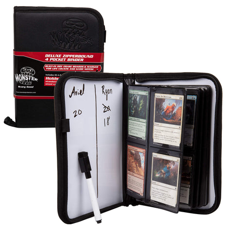 Monster Deluxe 4 Pocket Trading Card Leather Album - Zipper Closure, Built-in Dry Erase Boards and Marker- Large 10 Page, Holds up to 160 Cards Pokemon, MTG, Magic the Gathering, Yugioh & Sports Cards