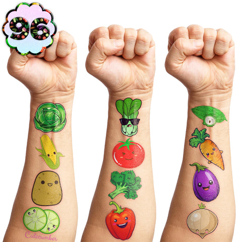 96 PCS Funny Vegetable Temporary Tattoos Sticker Avocado Corn Pumpkin Birthday Party Decorations Supplies Favors Celebration Gifts Boys Girls Baby Shower Cute Tattoo School Reward Themed