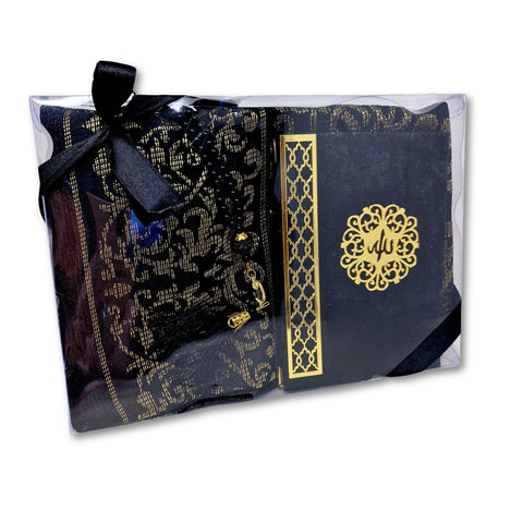 Islamic Gift Set (Surah Quran Booklet, Luxury Prayer Beads Tasbeeh+ Prayer Rug) Namaz Oriental Muslim Carpet Janamaz Sajadah, Ideal/Hajj/Umrah/Ramadan/Wedding/Niqah Gift (Black)