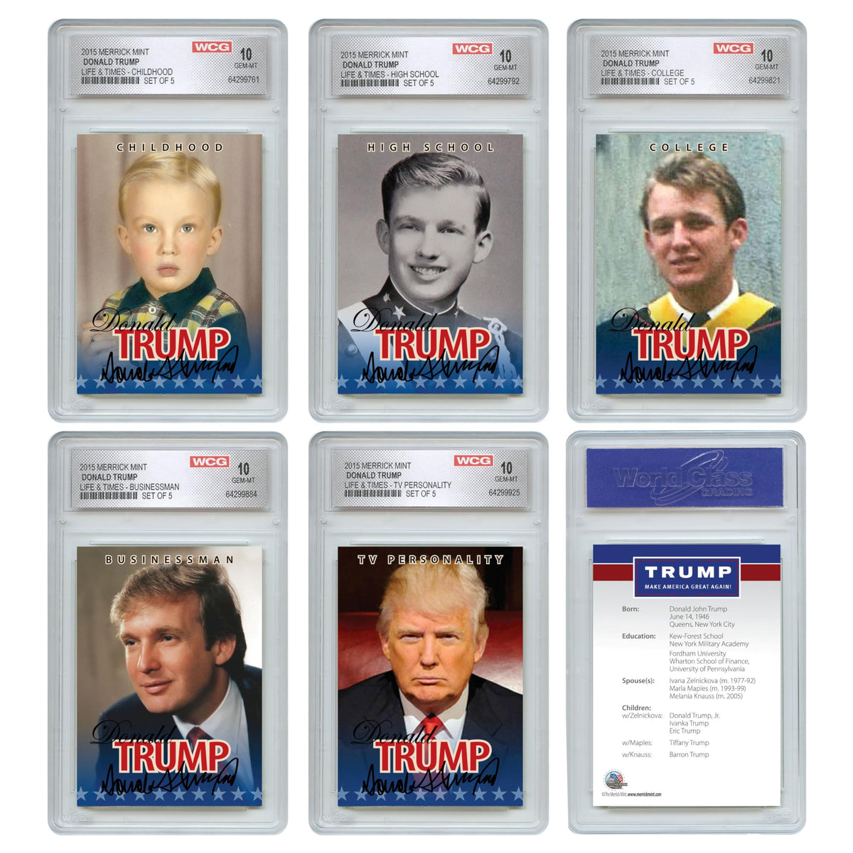 2015 Donald Trump 45th President Official Life & Times 5-Card Set - All 5 Graded GEM-Mint 10