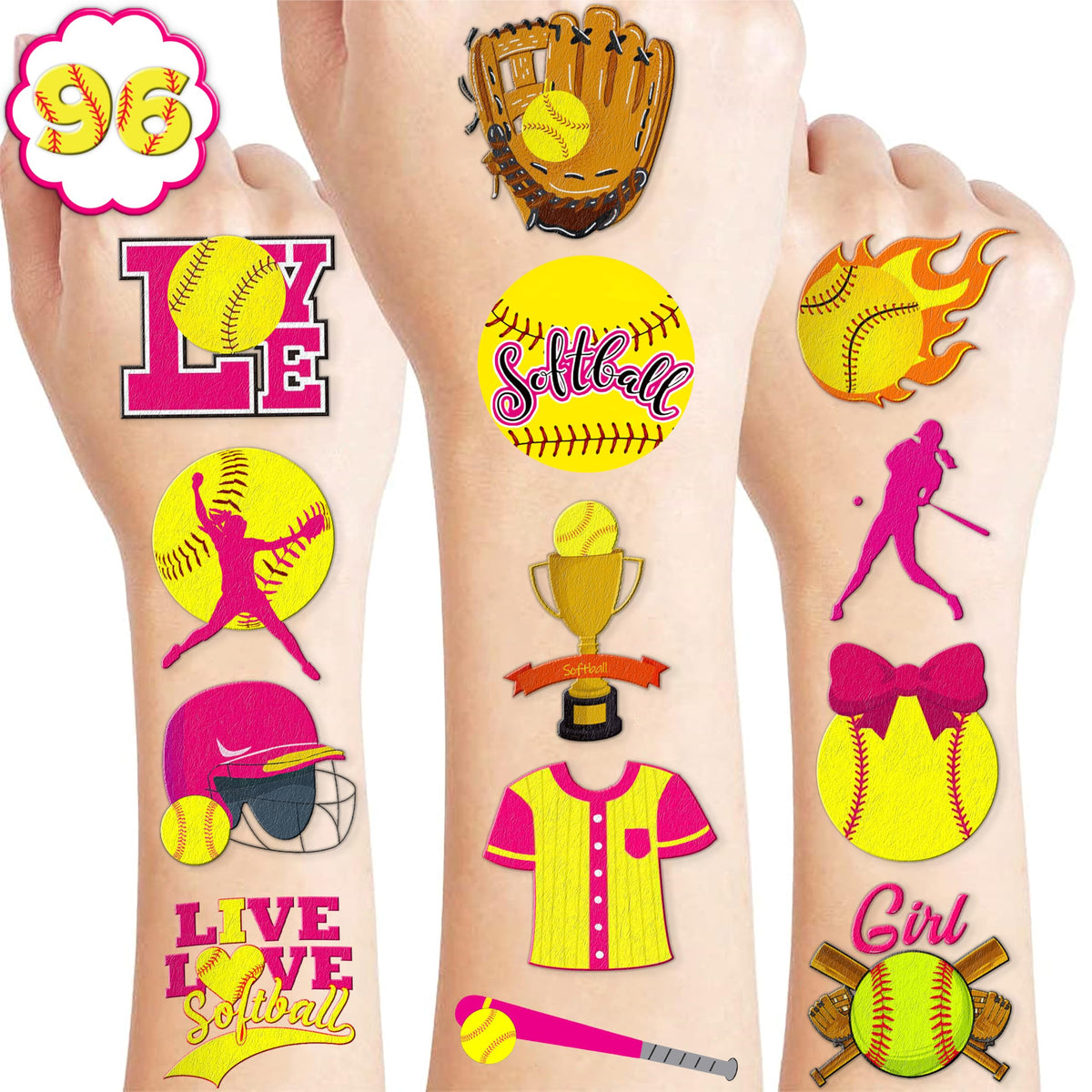 102 PCS Softball Temporary Tattoos Themed Birthday Party Decorations Favors Supplies Decor Girls Cute Baseball Sports Yellow Tattoo Stickers Gifts For Boys Girls Classroom School Prizes Carnival