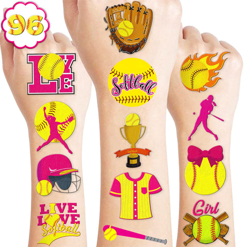 102 PCS Softball Temporary Tattoos Themed Birthday Party Decorations Favors Supplies Decor Girls Cute Baseball Sports Yellow Tattoo Stickers Gifts For Boys Girls Classroom School Prizes Carnival