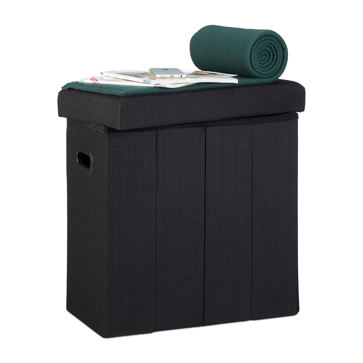 Relaxdays Folding Ottoman, HxWxD: 49.5 x 46 x 25.5 cm, with Storage, Foldable Footstool, Linen, Polyester, MDF, Black