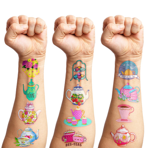 96 PCS Tea Party Time Temporary Tattoos Theme 1st Birthday Party Decorations Supplies Favors Decor Cute Floral Pink Teapot Teacup Tattoo Stickers Gifts For Kids Women Girls Boys School Prizes Carnival