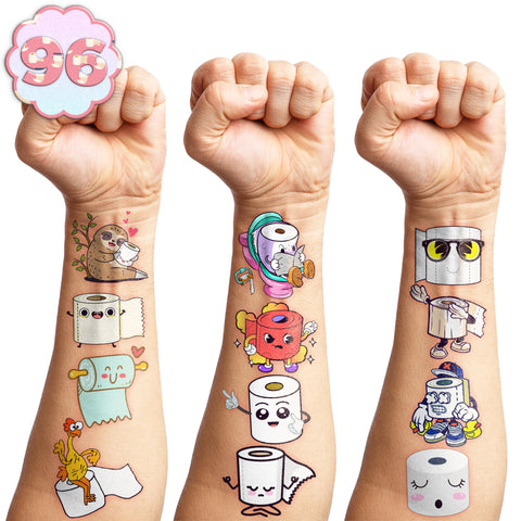 106 PCS Cute Funny Toilet Paper Temporary Tattoos Sticker Funny Toilet Paper Birthday Party Decorations Supplies Favors Gifts Baby Shower Boys Girls Cute Fake Tattoo School Reward Themed