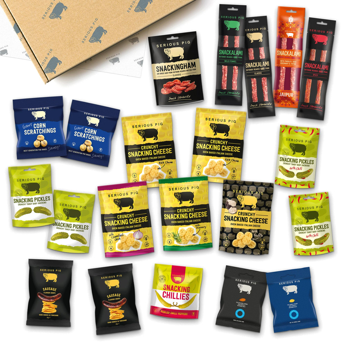 SERIOUS PIG | Gourmet Snack Hamper | with Crunchy Cheese, Salami Sticks, Pickles, Crisps, Salted Peanuts, Roast Almonds and Corn Scratchings. Delicious Savoury Pub Snacks (21 Packets)