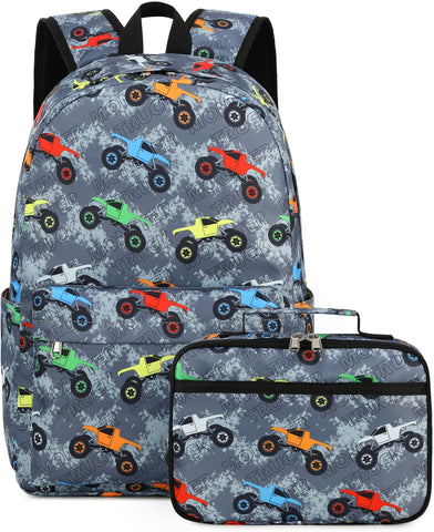 LEDAOU Kids School Backpack with Lunch Box for Boy Kindergarten BookBag School Bag Preschool Kindergarten Toddler Backpack (Off-road Vehicle Gray)