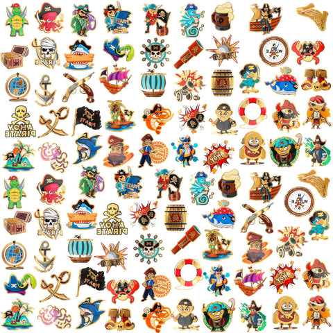 Konsait 96PCS Pirate Temporary Tattoos for Kids,Metallic Glitter Neverland Pirated Skull Cannon Powder Treasure Box Tattoo Sticker for Pirate Birthday Party Favors Supplies Boys Girls Party Bag Filler