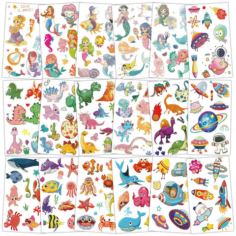 Konsait 24 Sheets Glitter Tattoos for Kids, 190+ Styles | Fish Dinosaur Space Mermaid Theme Temporary Tattoos, Cute Cartoon Temporary Tattoos for Boys Girls Birthday Party Favors Goodie Bags Stuffers