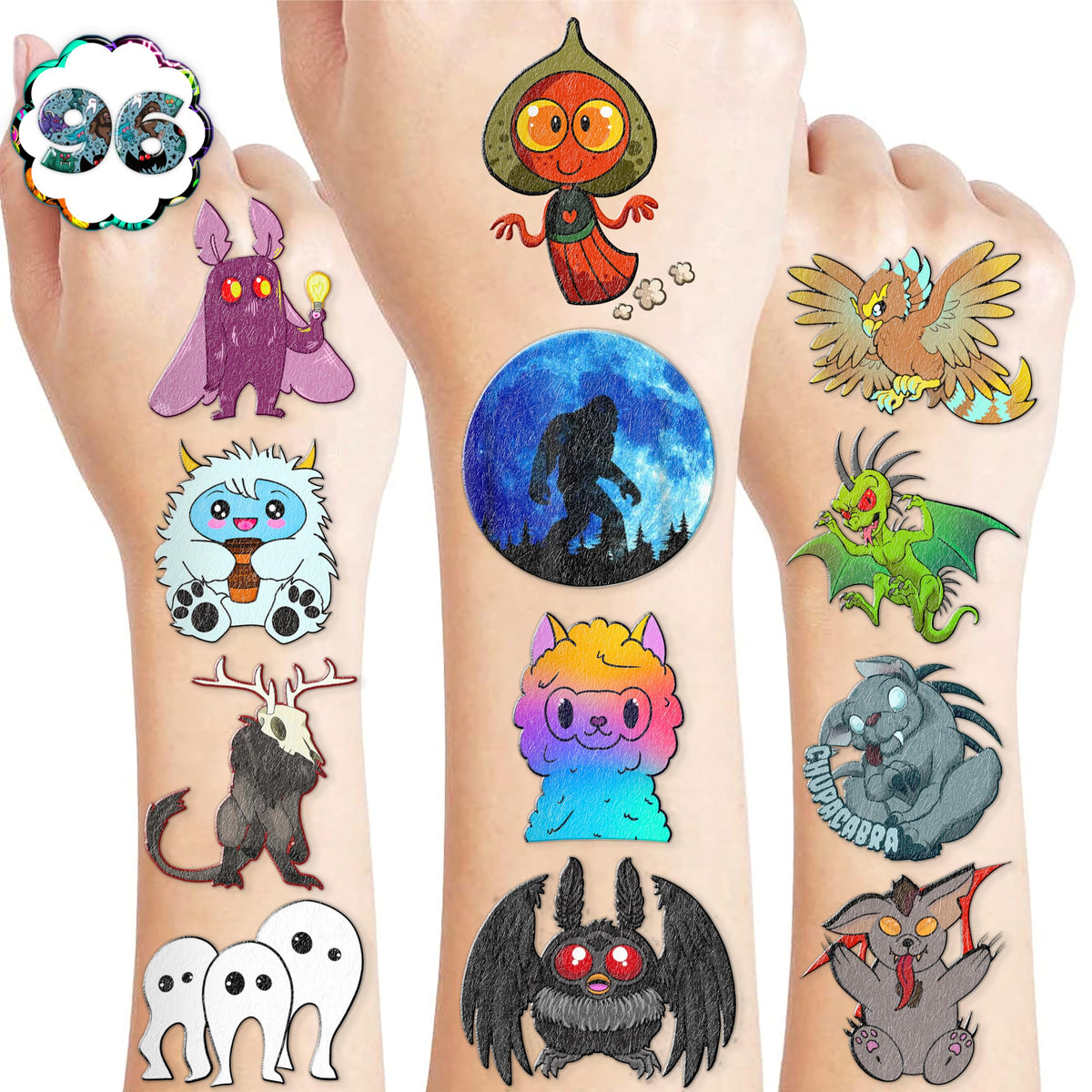 100PCS Cute Cryptid Temporary Tattoos Stickers Theme Birthday Party Decorations Supplies Favors Decor Cool Alien Bigfoot Mothman Yeti Tattoo Gifts For Boys Girls School Prizes Halloween Carnival