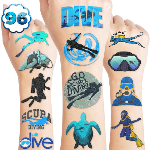 100PCS Cool Scuba Diving Temporary Tattoos Stickers Ocean Summer Beach Birthday Party Favors Decorations Supplies Decor Underwater Sports Tattoo Gifts For Kids Diver Boys Girls School Prizes Carnival