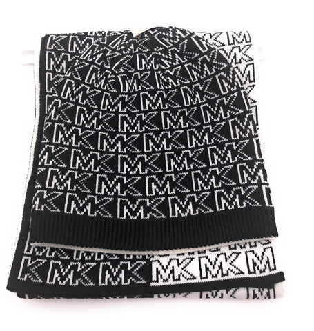 Michael Kors Women's Split Logo Reversible Beanie And Scarf Set, Black/White