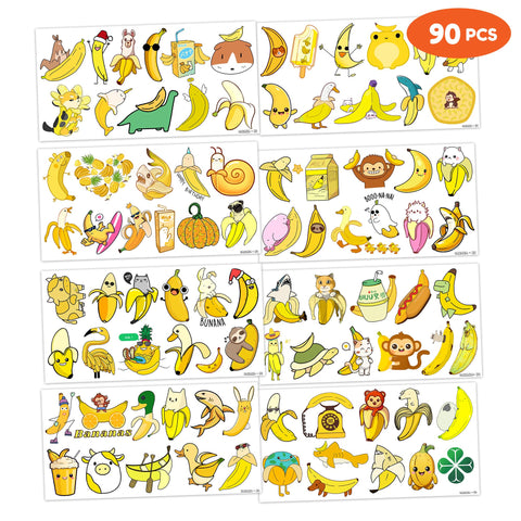 Cute Banana Temporary Tattoos 8 Sheets 90PCS Yellow Banana Party Decorations Supplies Favors Fruits Theme Birthday Cute Stickers Christmas Gifts for Boys Girls Class School Prizes Carnival