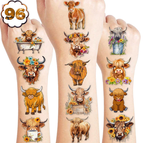 101 PCS Highland Cow Print Temporary Tattoos Themed Birthday Party Decorations Decor Supplies Favors Funny Animal Brown Cattle Tattoo Stickers Gifts For Game Boys Girls Classroom School Prizes