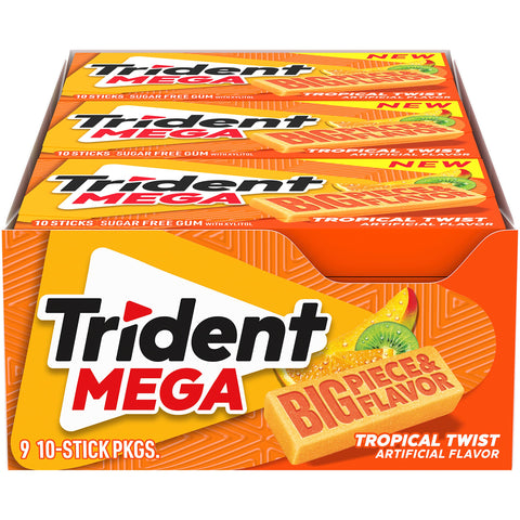 Trident Mega Tropical Twist Sugar Free Gum, 9 Packs of 10 Pieces (90 Total Pieces)