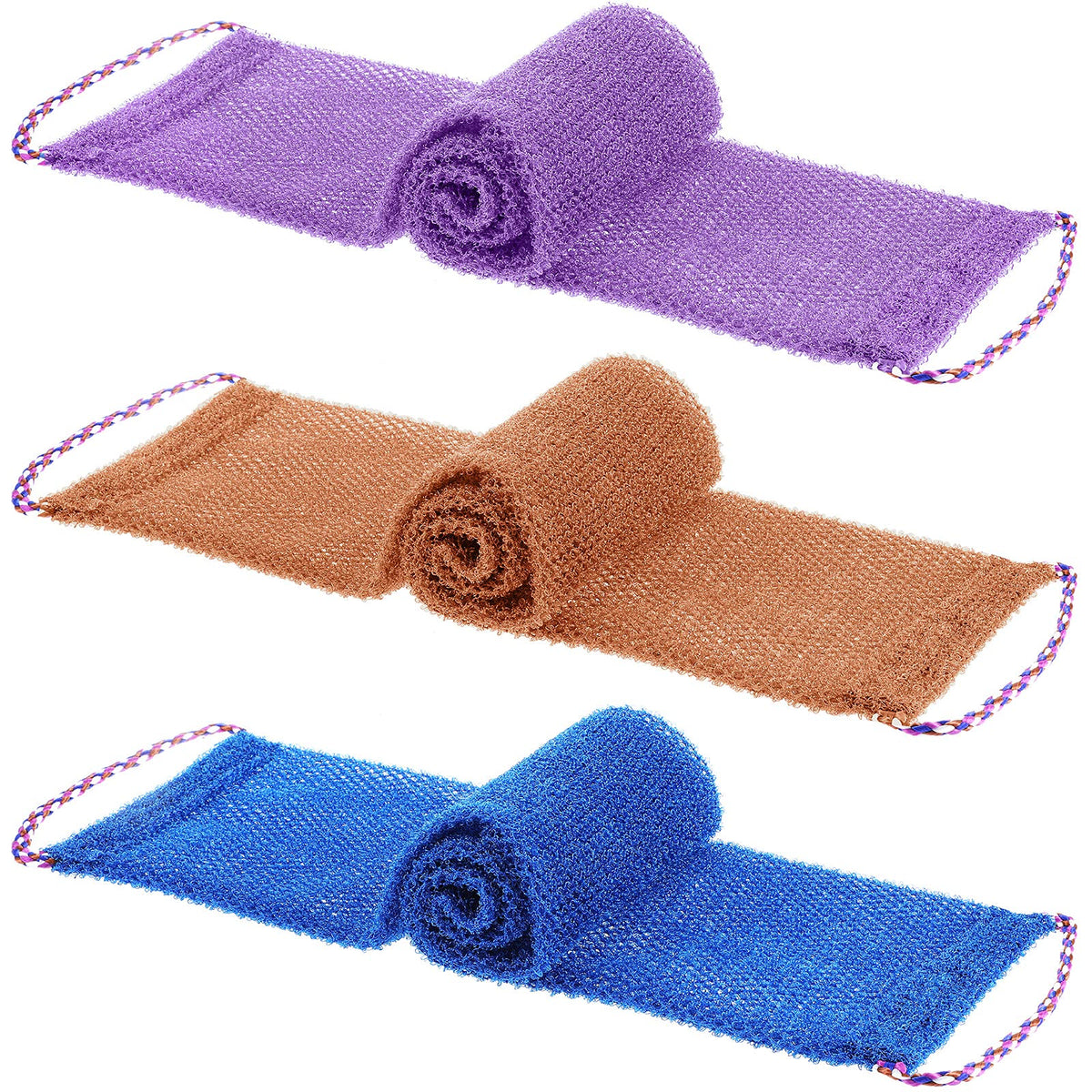 3 Pieces African Bathing Sponges African Back Scrubbers African Net Smoother Long Net Shower Sponges Exfoliating Loofahs with Ropes for Women Men Body Washing Accessories, Purple, Blue, Coffee