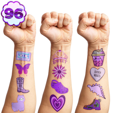 89 PCS Funny Purple Temporary Tattoos Sticker Dark Purple Birthday Party Supplies Decorations Favors Celebration Gifts Boys Girls Baby Shower Adult Cute Tattoo School Prizes Reward Themed