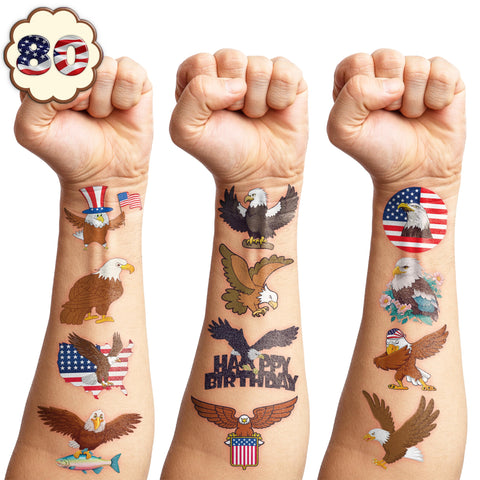 Eagle Temporary Tattoos 8 Sheets 80PCS Bald Eagles Party Decorations Supplies Favors American Flag Bird Theme Birthday Cute Stickers Christmas Gifts for Boys Girls Class School Prizes Carnival