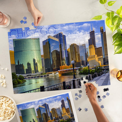 Chicago, Illinois, Skyline and River (1000 Piece Puzzle, Challenging Jigsaw Puzzle for Adults, Made in USA)