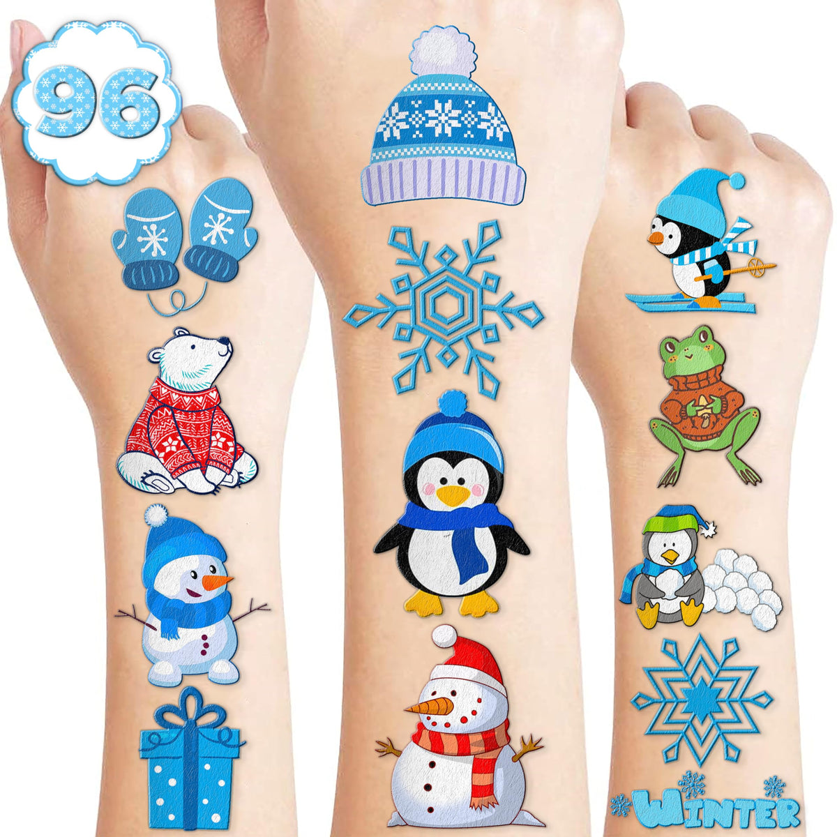 96PCS Winter Temporary Tattoos Theme 1st Birthday Party Decorations Supplies Favors Cute Penguin Snowman Snowflake Polar Bear Tattoo Stickers Gifts for Kids Girls Boys School Prizes Carnival Christmas