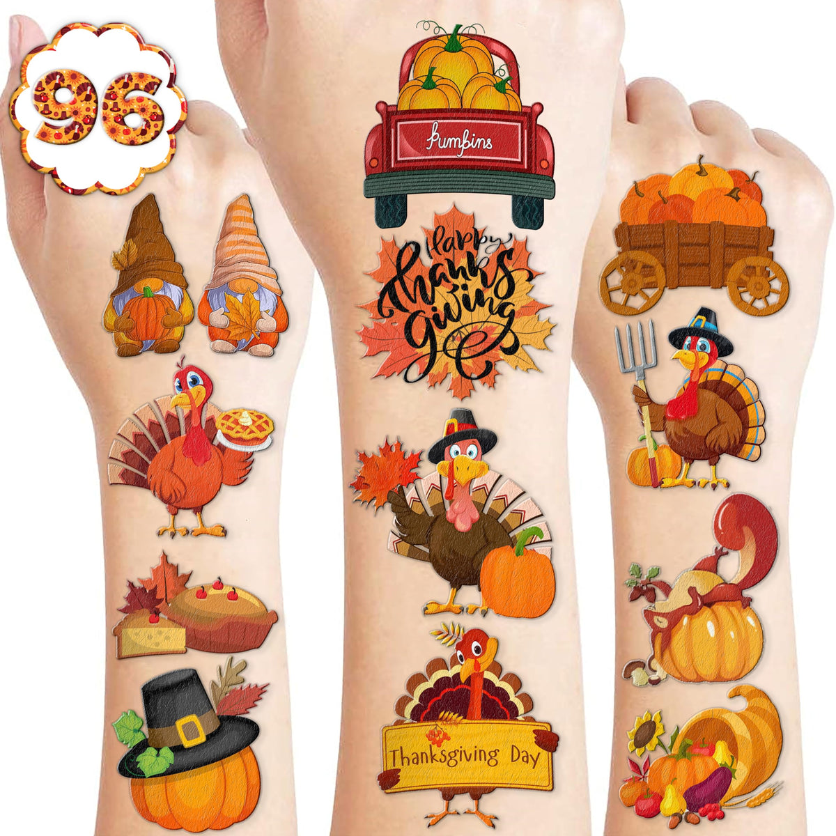 96PCS Happy Thanksgiving Temporary Tattoos Stickers Hello Fall Autumn Birthday Party Decorations Supplies Favors Decor Cute Pumpkin Leaf Turkey Tattoo Gifts For Kids Adults Boys Girls Prizes Holiday