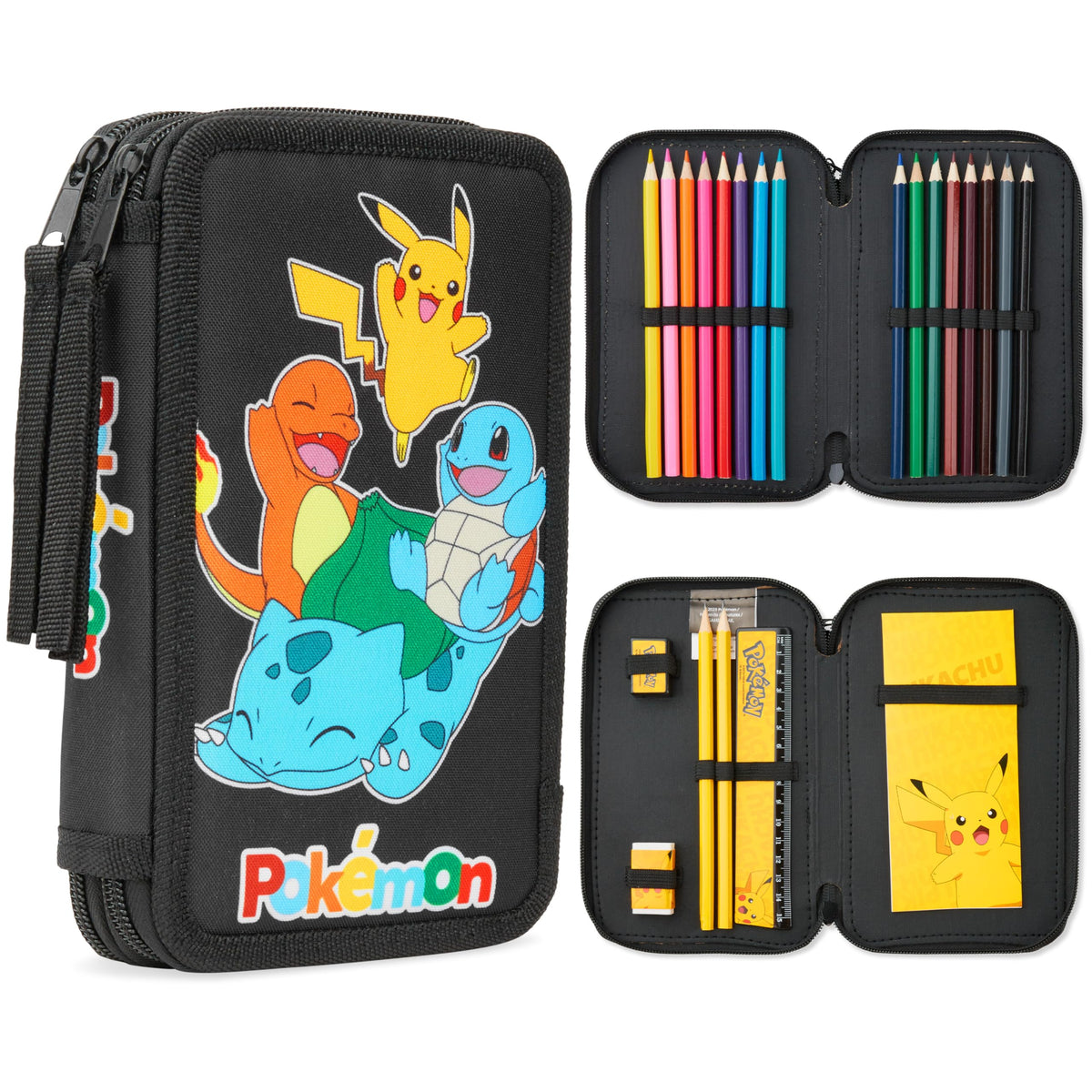 Pokemon Filled Pencil Case for Kids, Pikachu Filled Pencil Case Stationery Set - Anime Gifts (Black/Multi)