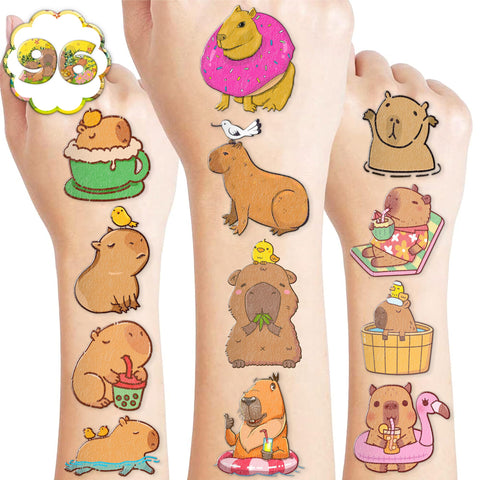 100PCS Funny Capybara Temporary Tattoos Stickers Theme Animal Birthday Party Decorations Favors Supplies Cute Brown Capy Mouse Tattoo Sticker Gifts For Boys Girls School Prizes Carnival Christmas