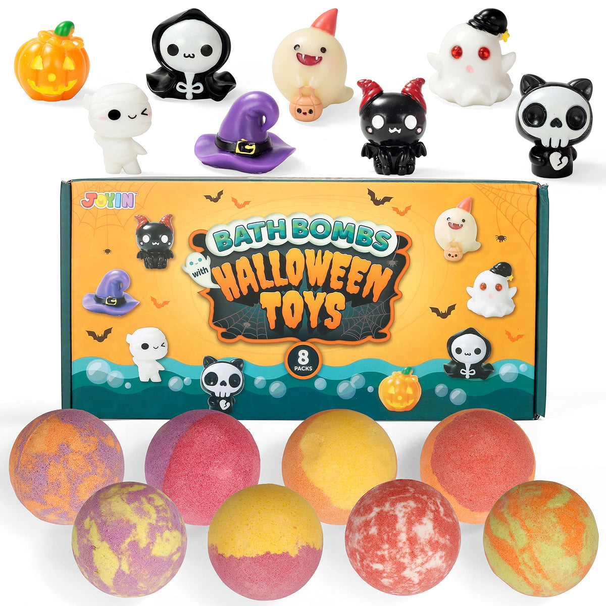 JOYIN 8PCS Halloween Bath Bombs for Kids Boys Girls with Surprise Toys Inside, Natural Bubble Bath Bombs Bulk, Fruity SPA Bath Fizzies Set for Birthday Halloween Party Favors Supplies Toys Gifts