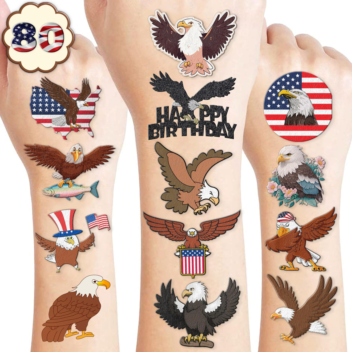 Eagle Temporary Tattoos 8 Sheets 80PCS Bald Eagles Party Decorations Supplies Favors American Flag Bird Theme Birthday Cute Stickers Christmas Gifts for Boys Girls Class School Prizes Carnival