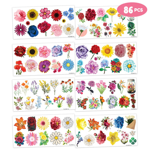 86 PCS 8 Sheet Spring Flower Temporary Tattoos Sticker Rose Daisy Sunflower Birthday Party Decorations Favors Supplies Gifts Boys Girls Baby Shower Cute Tattoo School Prize Reward Themed