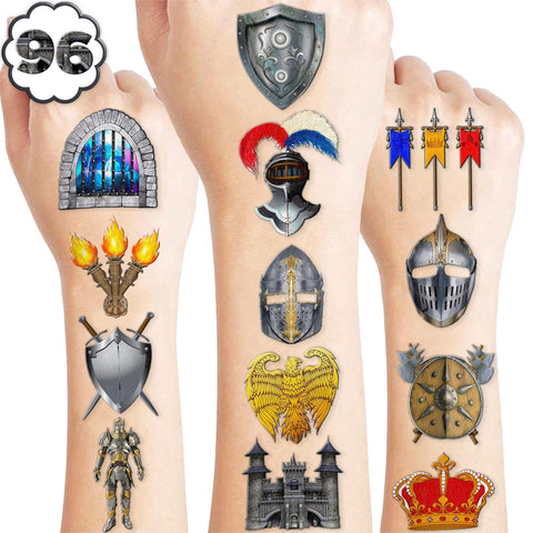 105PCS Medieval Knight Temporary Tattoos Stickers Theme Birthday Party Decorations Supplies Favors Decor Brick Stone Crown Castle Soldier Tattoo Sticker Gifts For Boys Girls Class Prizes Carnival