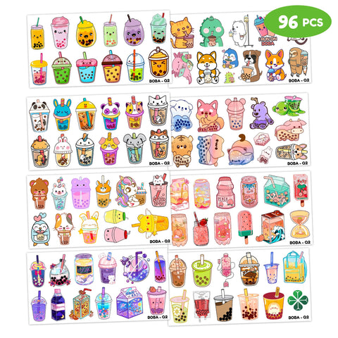 96PCS Bubble Boba Milk Tea Temporary Tattoos Birthday Themed Theme Party Decorations Favors Supplies Decor Cute Kawaii Stickers Gifts for Kids Boys Girls Carnival Class School Rewards Prizes Christmas