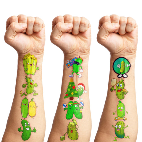 Funny Pickle Temporary Tattoos Stickers Themed Birthday Party Decorations Supplies Favors Decor 96PCS Cool Green Pickles Cucumber Fruits Tattoo Gifts For Kids Adults Boys Girls School Prizes Carnival