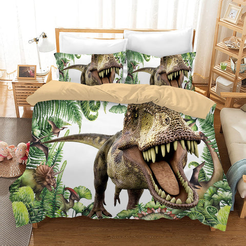 Children's Bed Linen Dinosaur Duvet Cover Set, Modern 3D Dinosaur Printed Children's Boys Cot Duvet Cover Set, Microfibre, 3-Piece with Pillowcase (200 x 200 cm, White)