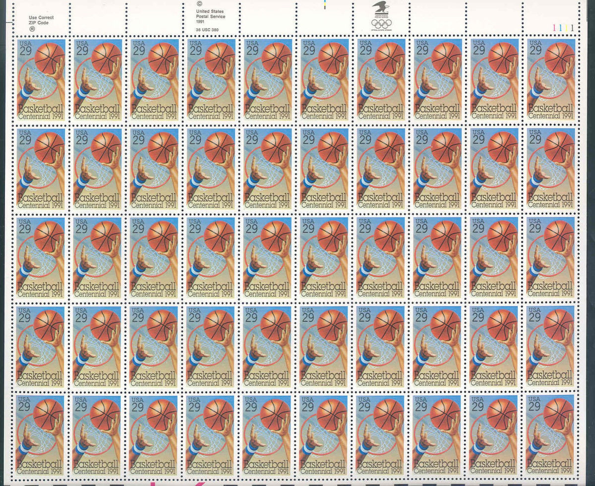 Basketball Full Sheet of Fifty 29 Cent Stamps Scott 2560