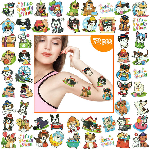 Konsait 6 Sheets (72 Pcs) Glitter Dog Temporary Tattoos for Kids, Dog Tattoos Dog Theme Birthday Party Supplies Fake Tattoos Kids Tattoos Temporary for Boys and Girls Adult