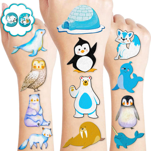 96PCS Cute Arctic Polar Animals Temporary Tattoos Theme Winter Birthday Party Decorations Favors Supplies Decor Funny Penguin Bear Fox Tattoo Stickers Gifts For Kids Boys Girls School Prizes Carnival