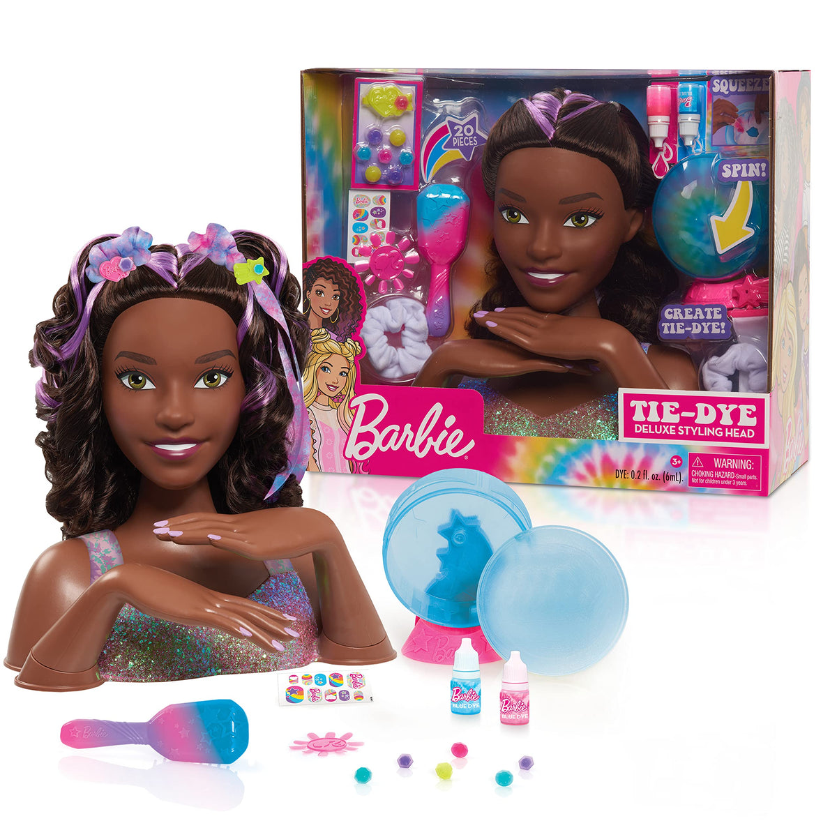 Barbie Tie-Dye Deluxe 21-Piece Styling Head, Black Hair, Includes 2 Non-Toxic Dye Colors, Kids Toys for Ages 3 Up by Just Play