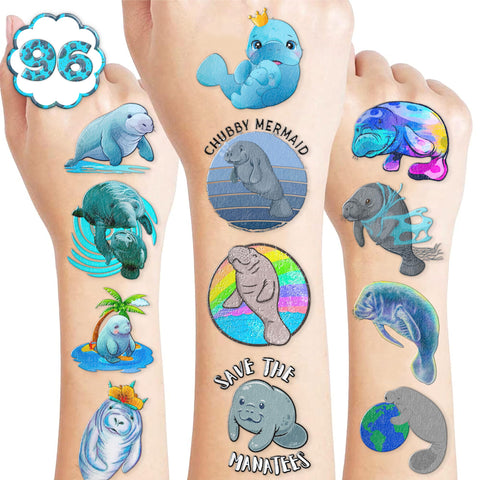 100PCS Cute Manatee Animal Temporary Tattoos Stickers Theme Birthday Party Favors Decorations Supplies Decor Cool Under Sea Ocean Mermaid Tattoo Gifts For Kids Adults Boys Girls School Prizes Carnival