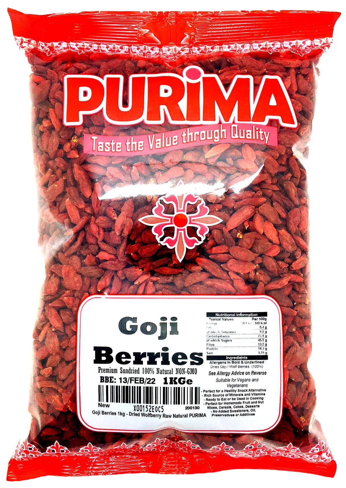 Goji Berries 1kg 100% Raw Natural Non GMO Premium Quality Whole Wolf Berry Sun Dried Fresh Wolfberry - Full of Antioxidants Healthy SuperFood - Vegan Vegetarian Friendly - PURIMA